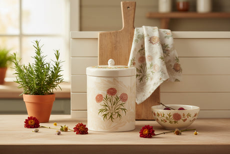 A cylindrical ceramic lidded container with a cream-colored body, featuring a botanical design of three orange-pink flowers and green leaves on a light beige leafy background, set against a plain white background.