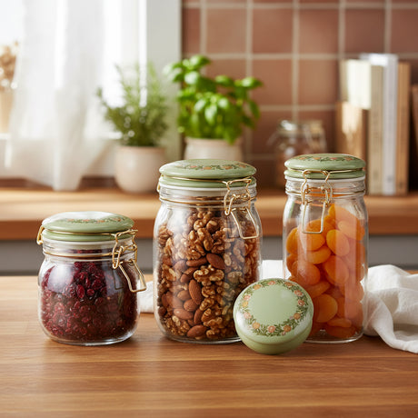 A clear glass jar with a green floral-patterned lid and a gold-tone clamp closure, shown on a plain white background.