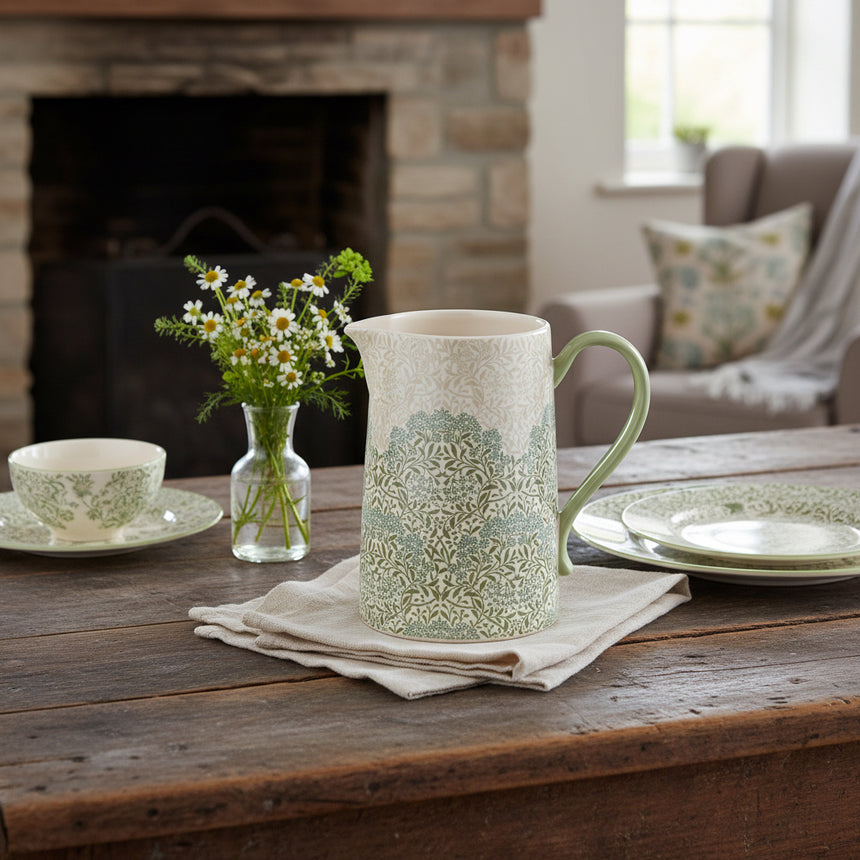 A ceramic pitcher with a light green handle and a lower floral pattern band in sage green and cream, set against a plain white background.