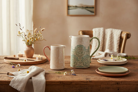 Two ceramic pitchers on a white background, one small with a coral handle and one larger with a green handle and a blue-green floral pattern over an off-white base.