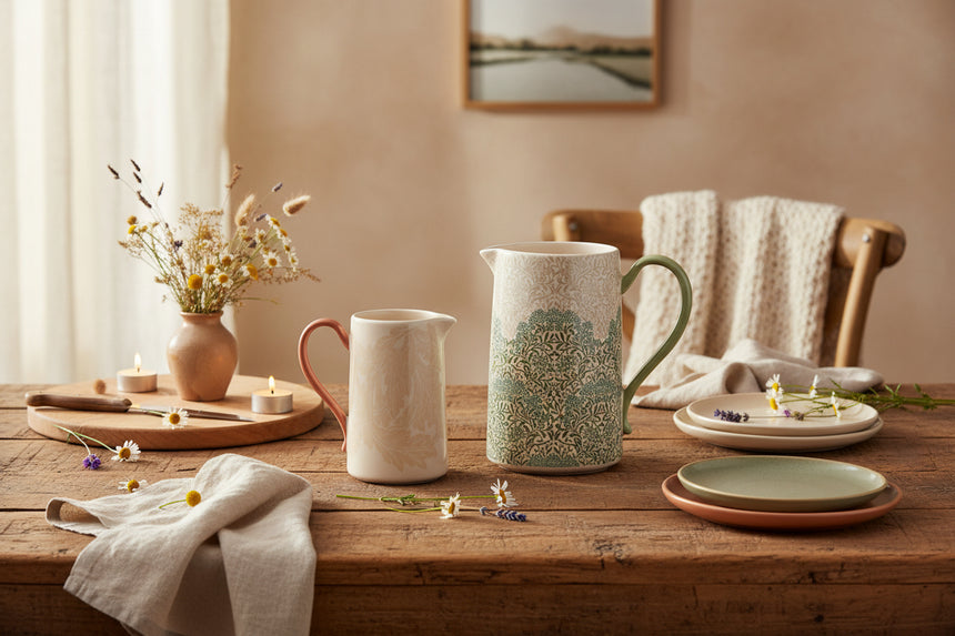 Two ceramic pitchers on a white background, one small with a coral handle and one larger with a green handle and a blue-green floral pattern over an off-white base.