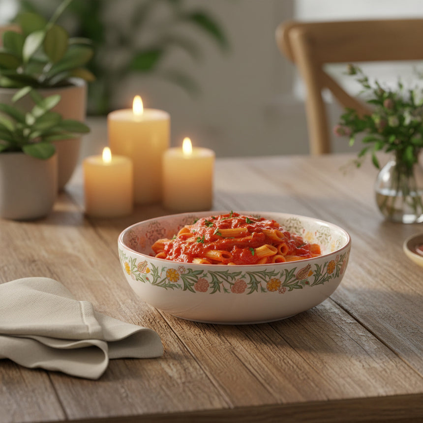 A round ceramic pasta bowl with a delicate floral pattern in green, yellow, and orange on a white background, isolated on a white studio background.