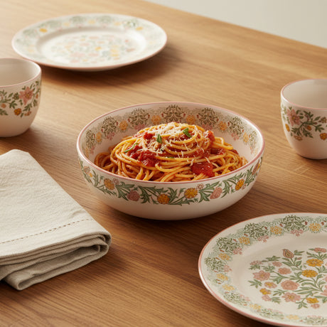 A round ceramic pasta bowl with a delicate floral pattern in green, yellow, and orange on a white background, isolated on a white studio background.