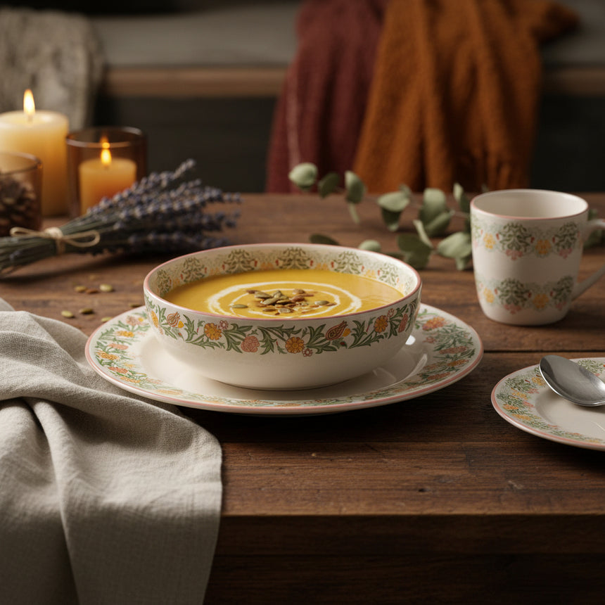 A round ceramic pasta bowl with a delicate floral pattern in green, yellow, and orange on a white background, isolated on a white studio background.