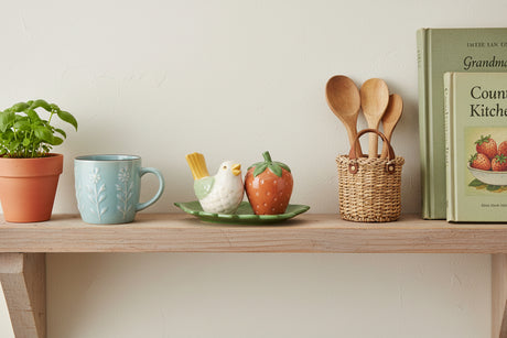 A ceramic salt and pepper shaker set featuring a white bird with a yellow beak and tail, next to a strawberry-shaped container, both resting on a green leaf-shaped base against a white background.