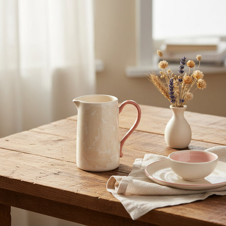 A tall, slender ceramic mug with a pale cream body featuring a subtle embossed floral pattern and a contrasting dusty coral-pink handle, shown against a plain white background.