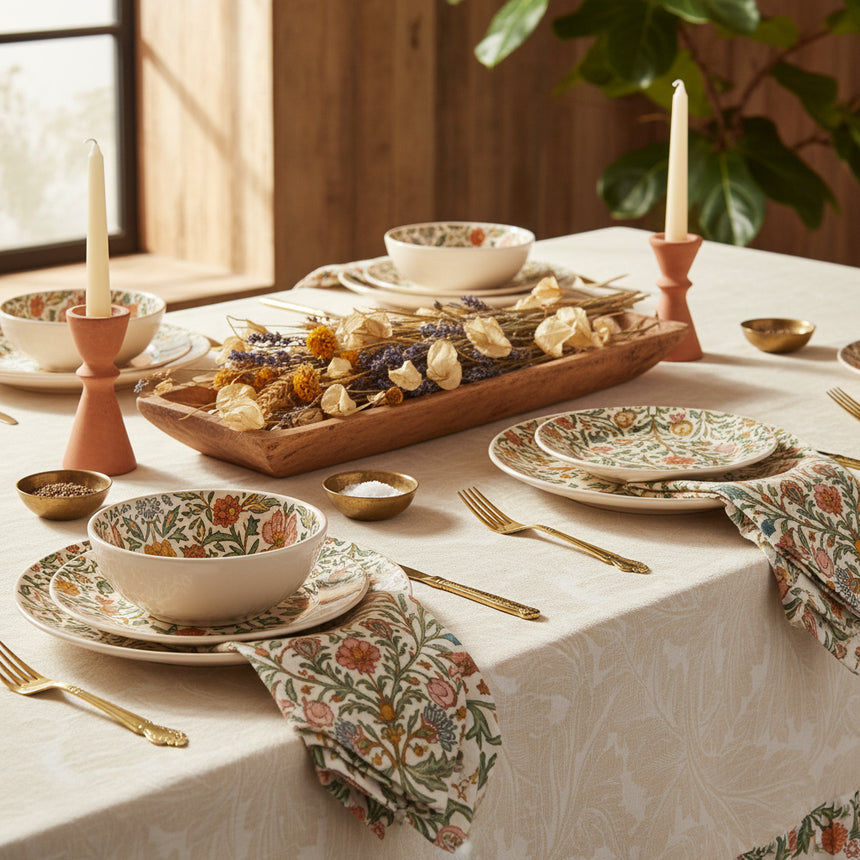 An off-white tablecloth with a subtle leaf pattern and a decorative border featuring orange flowers and green leaves, draped over a table on a white background.