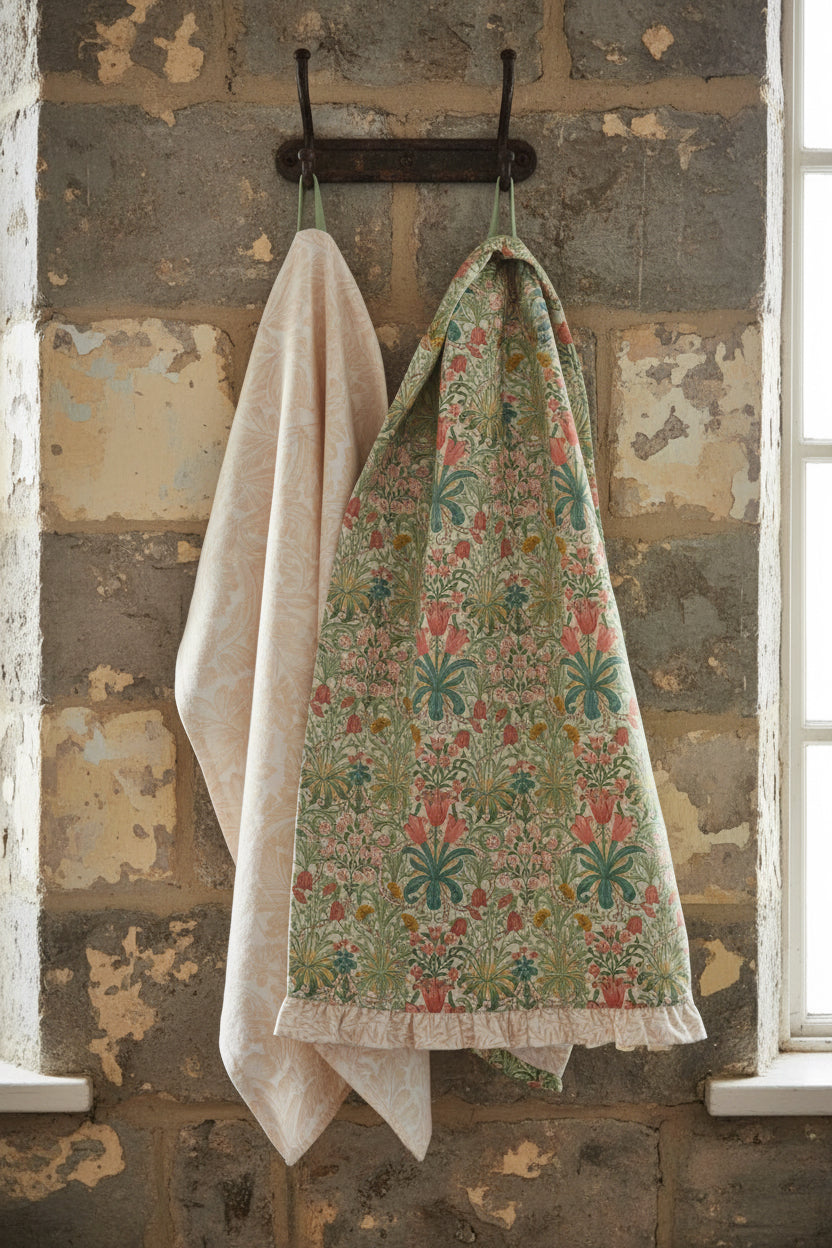 Two fabric tea towels with botanical patterns, one featuring a light beige damask design and the other a green, orange, and beige floral pattern with a ruffled edge.