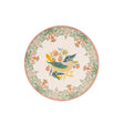 A round decorative trivet featuring a central bird motif in green, yellow, and blue, surrounded by a floral border in soft pink, green, and cream on a white background.