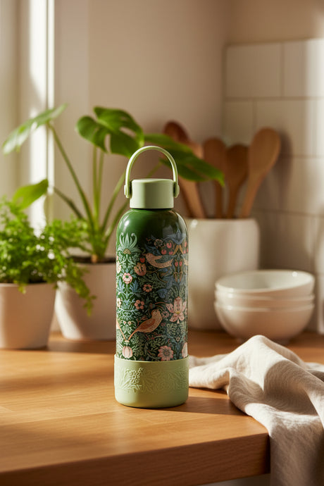 Floral-patterned water bottle with green accents on a white background