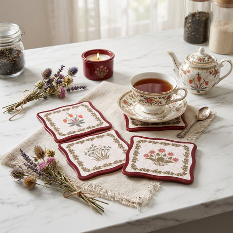 Four square ceramic coasters with rounded corners, featuring a cream background, a dark red border, and a floral design in the center.