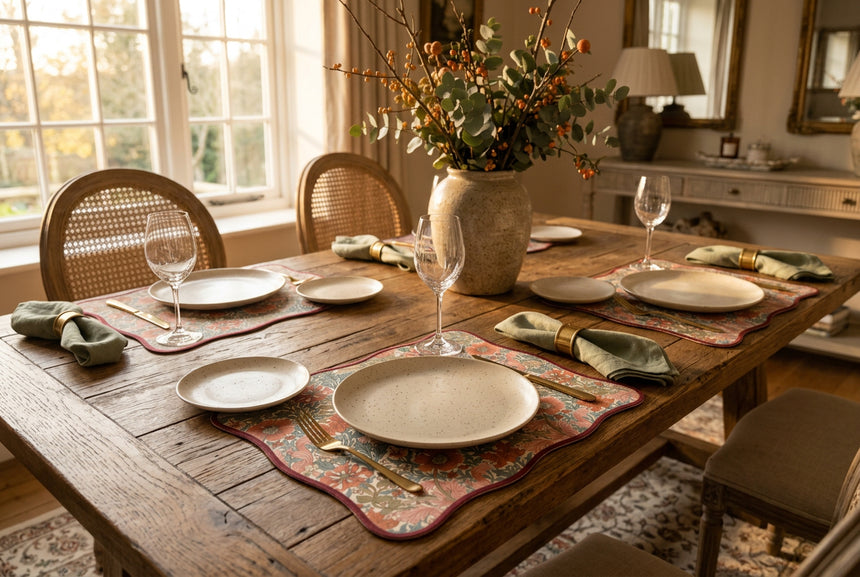 A rectangular placemat with wavy scalloped edges, featuring a dense floral and botanical pattern in muted coral, sage green, and olive tones, finished with a dark red border on a white background.