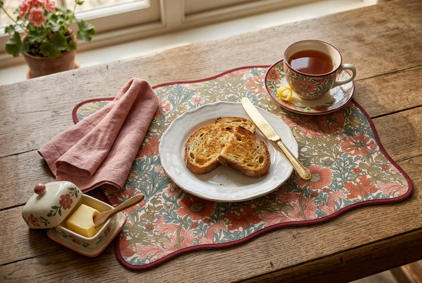 A rectangular placemat with wavy scalloped edges, featuring a dense floral and botanical pattern in muted coral, sage green, and olive tones, finished with a dark red border on a white background.