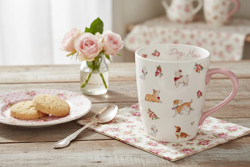 Mug with dog illustrations and 'Dog Mum' text on a white background