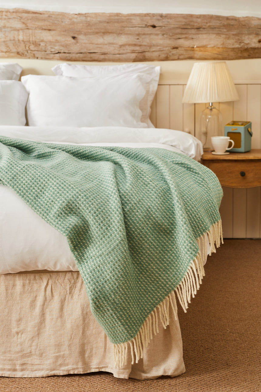 Tweedmill Waffle Pure New Wool Throw Blanket, Sea Green