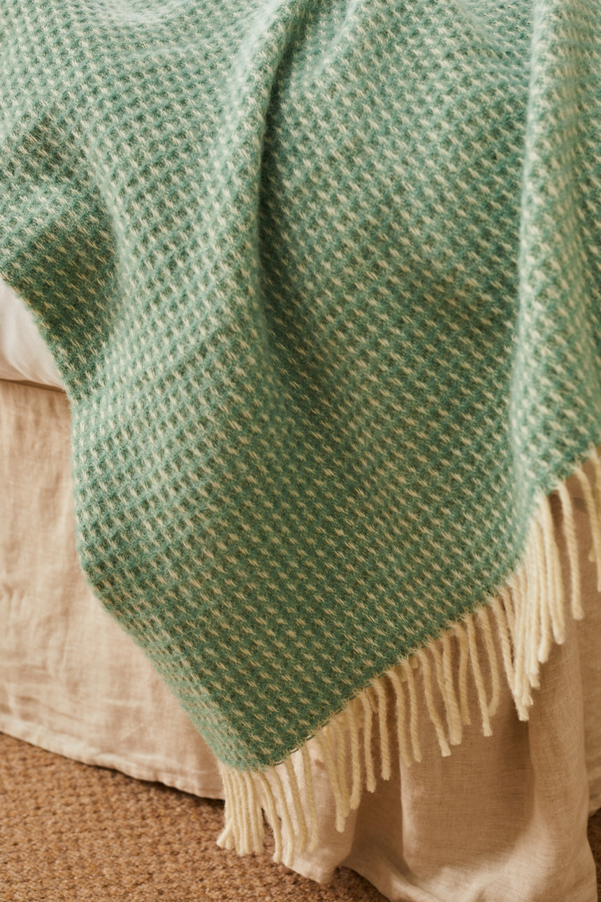 Tweedmill Waffle Pure New Wool Throw Blanket, Sea Green