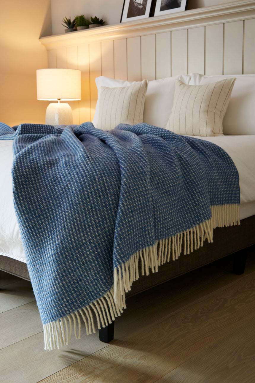 Tweedmill Waffle Pure New Wool Throw Blanket, Blue Jay