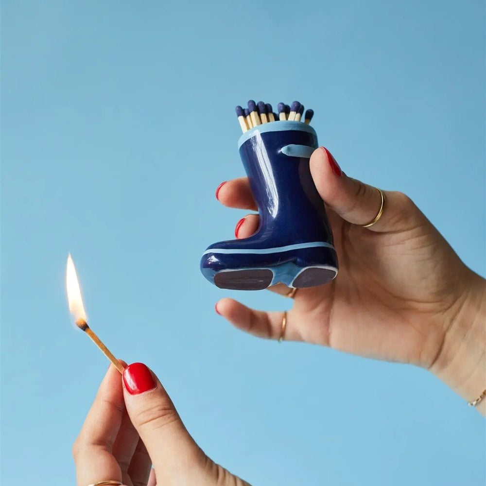 Paddywax Ceramic Wellington Boot Match Holder, Navy Blue