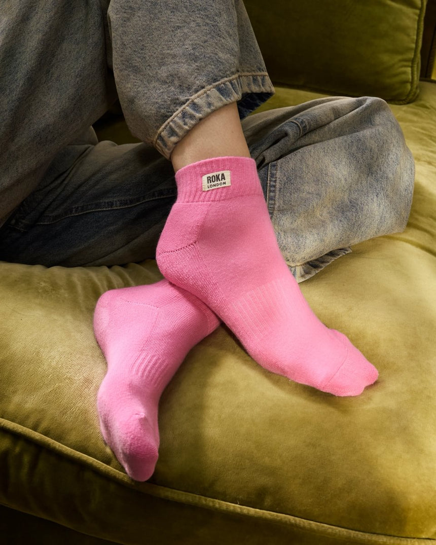 Roka London Wembley Organic Cotton Ankle Socks, Pink Carnation