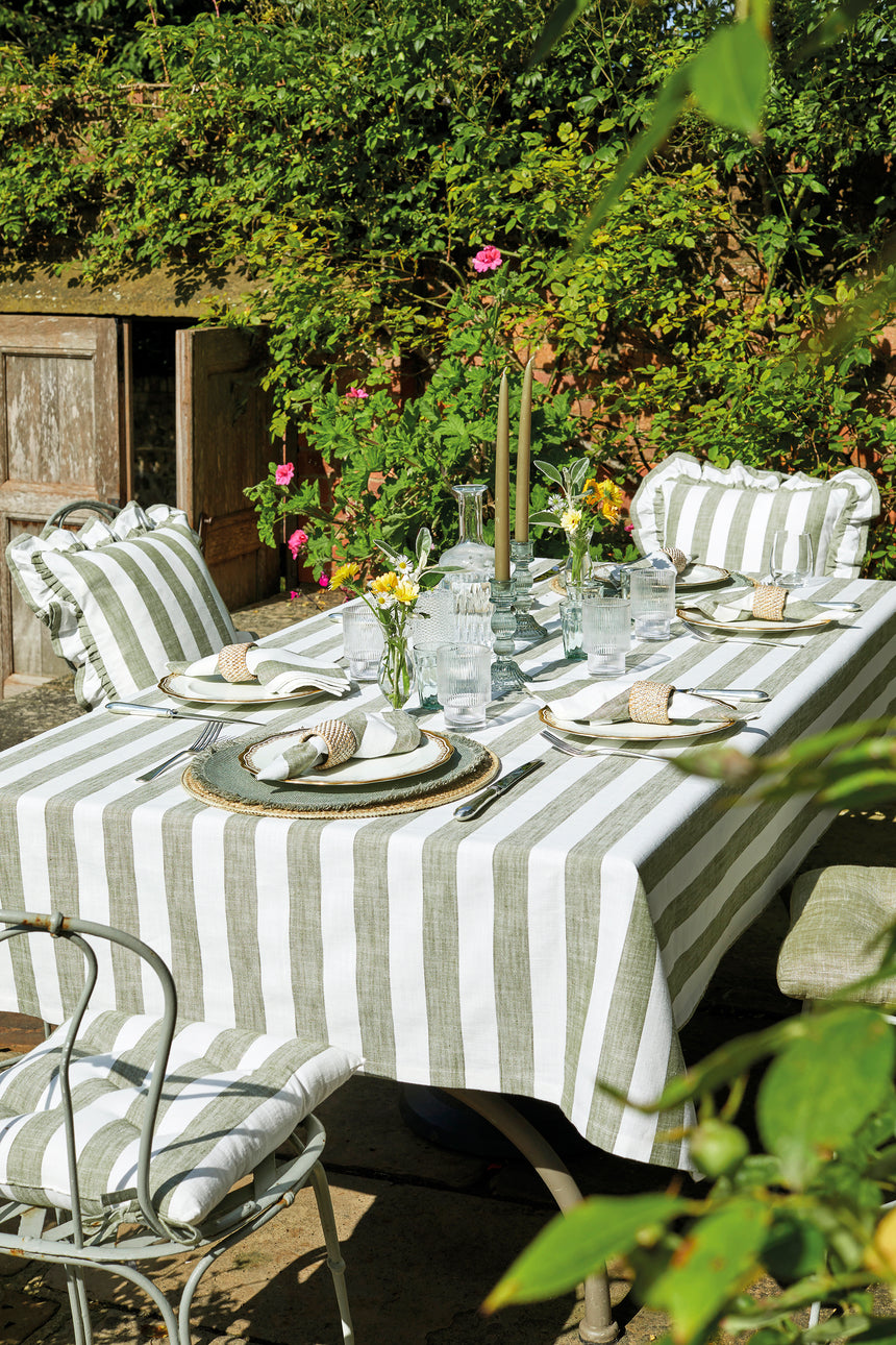 Walton & Co Wide Stripe Cotton Tablecloth, Olive Green