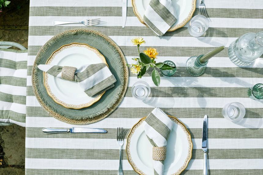 Walton & Co Wide Stripe Cotton Tablecloth, Olive Green