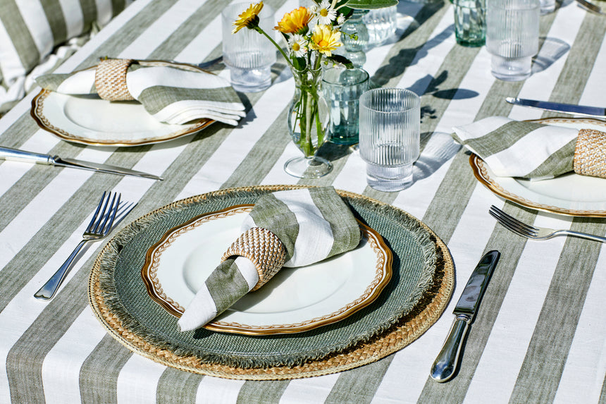 Walton & Co Wide Stripe Cotton Tablecloth, Olive Green