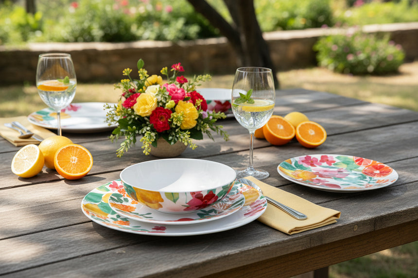 Set of two ceramic plates & a bowl with floral and fruit design on a white background