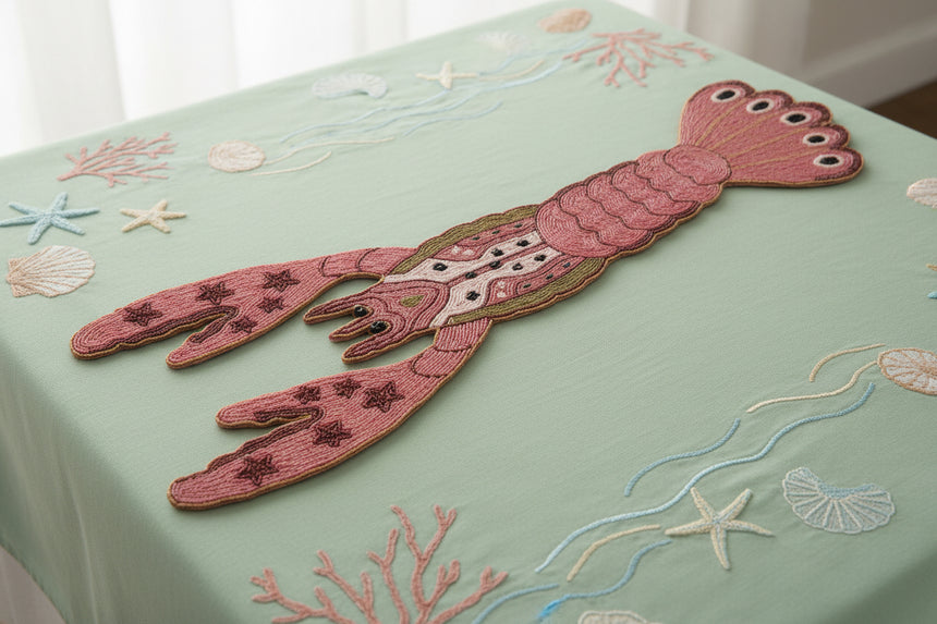 A pink lobster-shaped table runner with embroidered details, including dark pink star patterns on the claws and a small green accent along the back, shown on a plain white background.