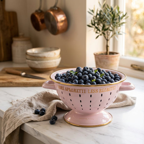 A light pink enamel colander with orange-brown trim and handles, featuring the text 'MORE SPAGHETTI LESS REGRETTI' in orange on the front.