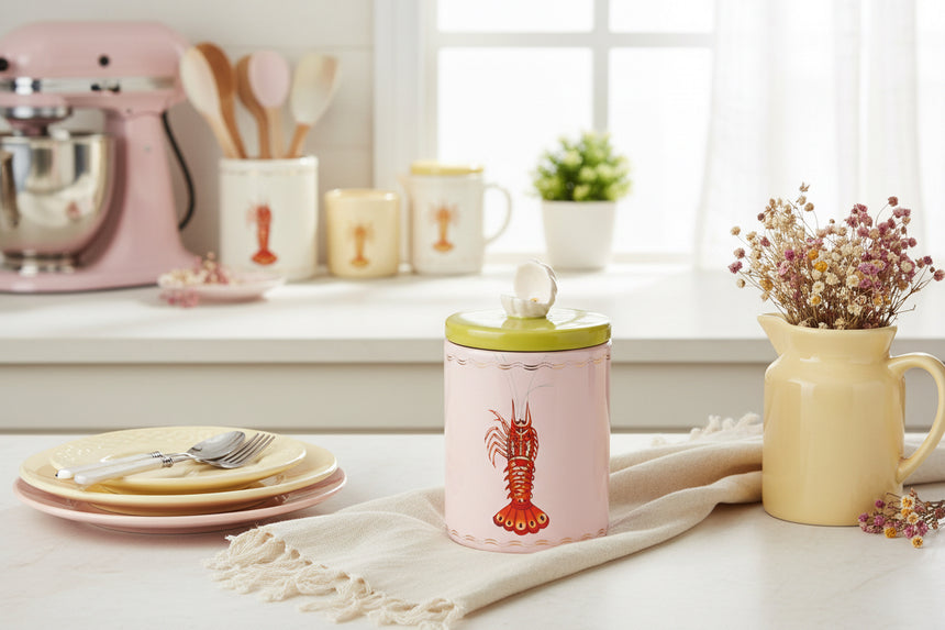 Jar with a green lid and lobster design on a white background