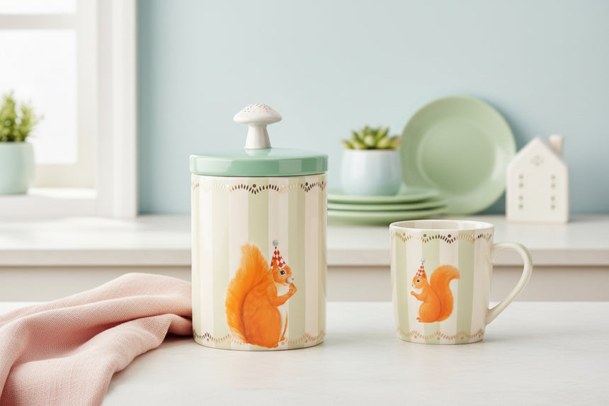 Decorative jar with a squirrel design on a white background
