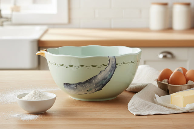 Green ceramic bowl with a whale design on a white background