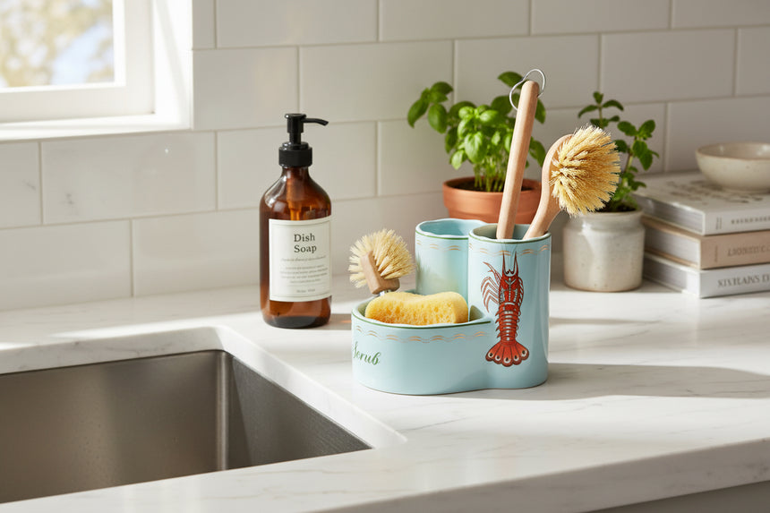 Light blue ceramic utensil holder with red lobster design on a white background