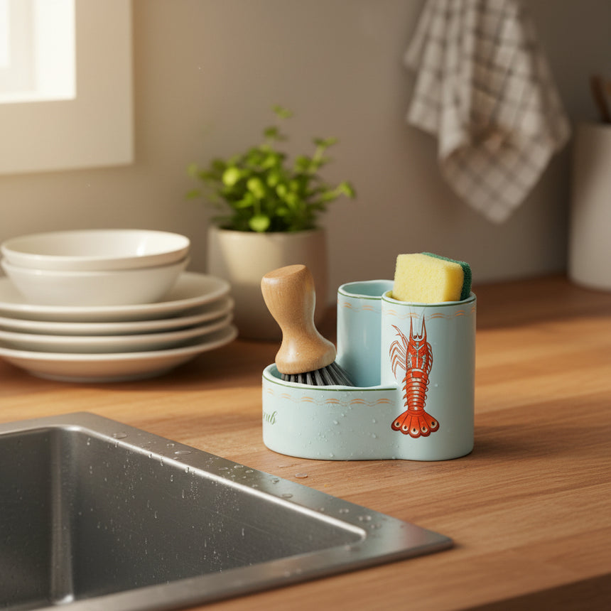 Light blue ceramic utensil holder with red lobster design on a white background