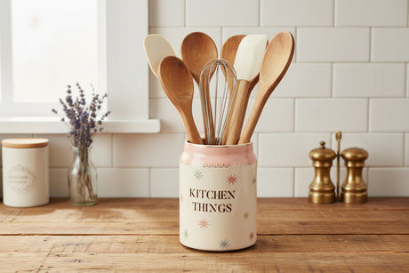 Decorative canister with 'Kitchen Things' text on a white background