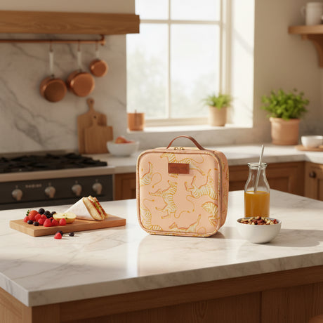 Rectangular beige travel bag with zebra pattern and brown handle on a white background