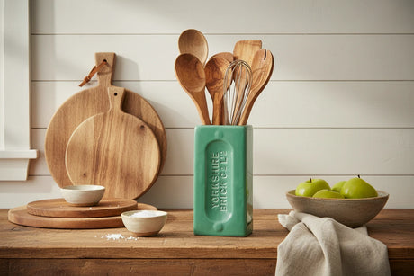 Green rectangular vase with 'Yorkshire Brick Co.' branding on a white background