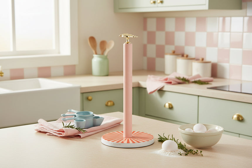 Pink paper towel holder with a red circular base on a white background