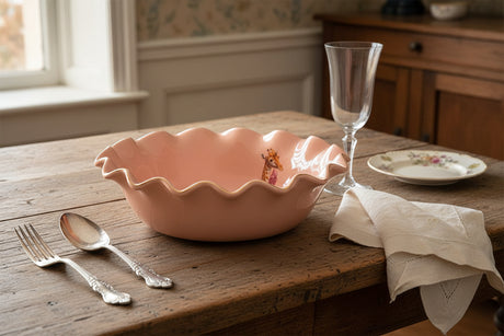 Pink ceramic bowl with wavy edge on a white background
