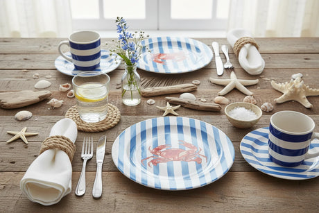 Round plate with blue and white striped border and red crab design