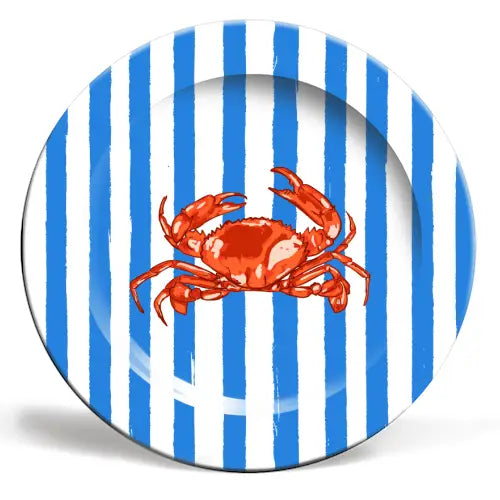 Red Crab Retro Blue Striped Ceramic Dinner Plate By Ezbie