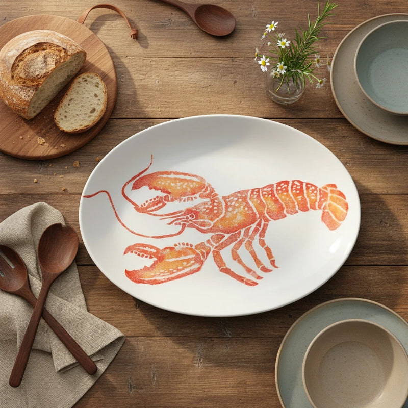 White plate with a red lobster design on a white background