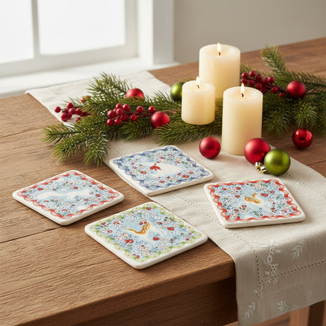 Set of four coasters  with floral and animal designs on a white background