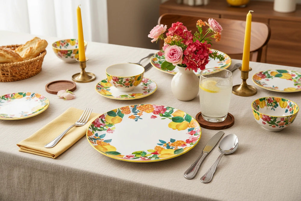 Round plate with floral and lemon design held by a hand against a beige background