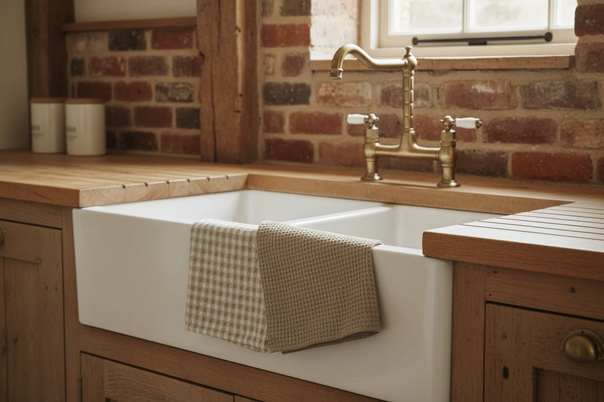 Two woven tea towels of different textures on a wooden surface