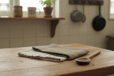 Two  woven kitchen towels  of different textures on a wooden surface
