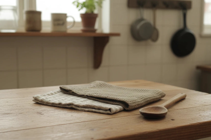 Two  woven kitchen towels  of different textures on a wooden surface