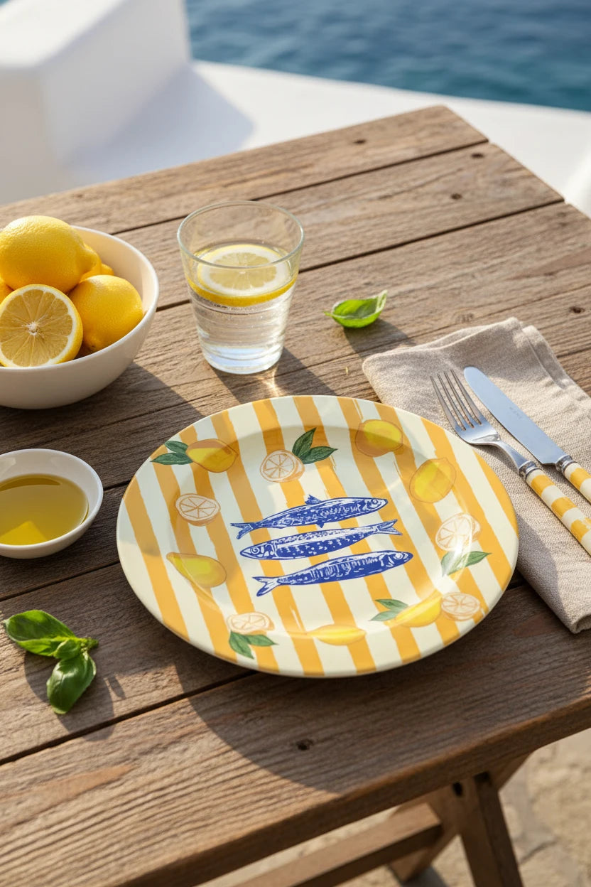 Decorative plate with blue fish, lemons, and yellow stripes on a white background