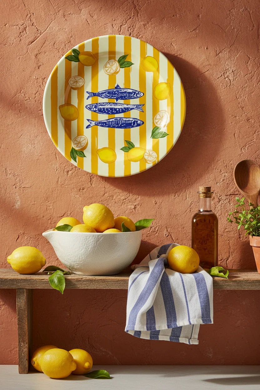 Decorative plate with blue fish, lemons, and yellow stripes on a white background