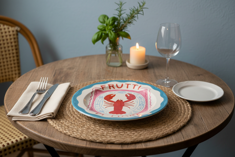 Decorative plate with a red lobster design and 'Frutti di Mare' text on a white background